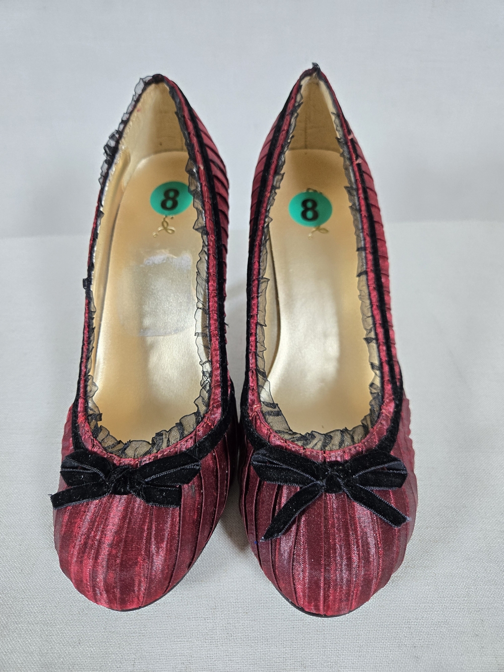 Qupid Burgundy Satin Heels with Velvet Bow – Size 8 – New